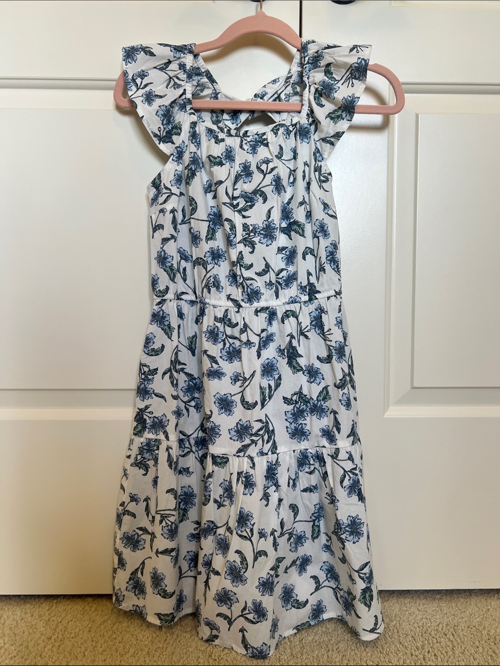 Crewcuts White Dress with Blue Floral Print and Ruffle Sleeves